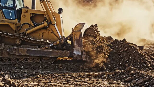 Yellow bulldozer pushing dirt in a dusty construction site, heavy machinery working