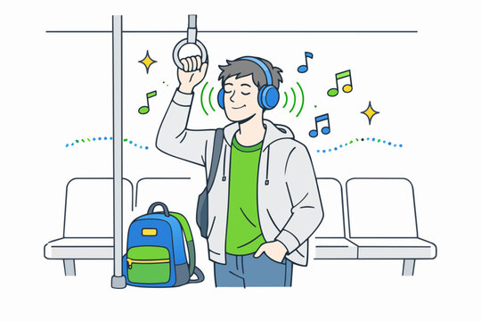 Man listening to music with headphones while commuting on subway train