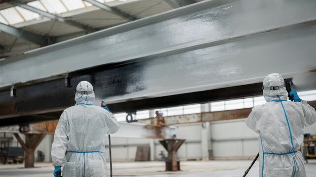 Medium shot of technicians spraying a protective lowPAH coating on industrial metal surfaces showcasing innovative safer alternatives to traditional coal tar products.