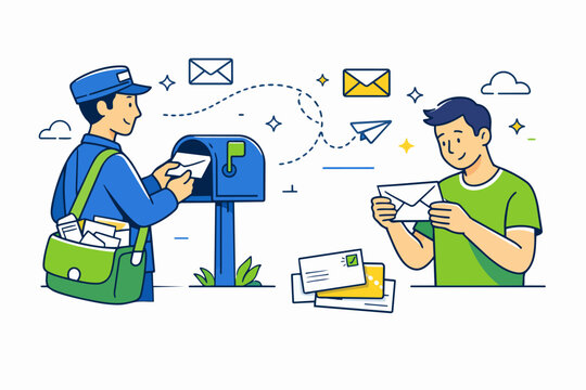 Mailman delivering letter to a mailbox, man receiving mail, message communication