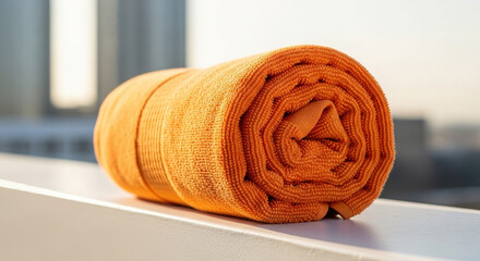 Rolled up vibrant orange towel resting on bright ledge with blurry city background, symbolizing comfort and relaxation