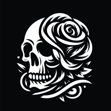 A white vector icon set illustration of a human skull with a rose on its head against a black background.