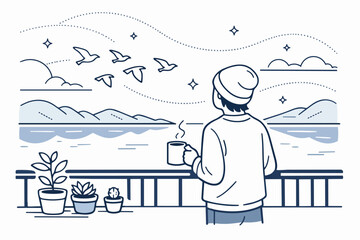 Fototapeta premium Person enjoying morning coffee on balcony, watching birds fly over lake and mountains