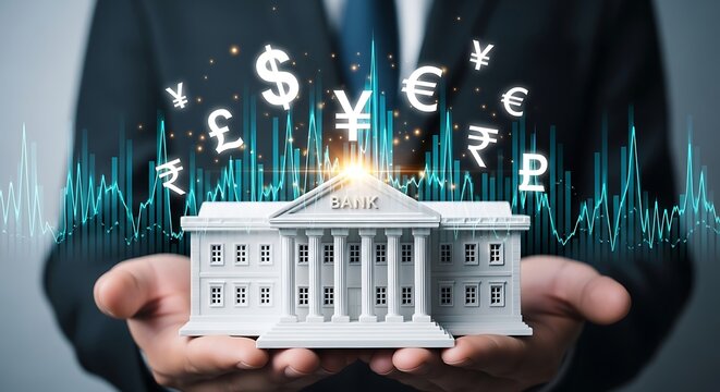 A person in a business suit holding a miniature government building with currency symbols floating above it
