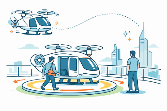 Commuter stepping into an evtol aircraft on a rooftop helipad, another drone flying
