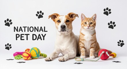 Fototapeta premium Dog and cat sitting together with colorful toys