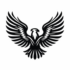 Obraz premium A black and white vector illustration of an eagle with outstretched wings against a clean white background, forming an icon set.