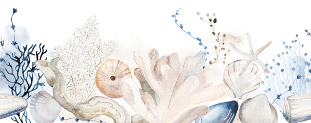Naklejka premium Seamless border with pastel watercolor seashells, illustration for coastal beach wedding and events