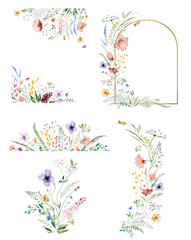Fototapeta premium Watercolor hand drawn wildflowers clipart set, botanical isolated illustration for event stationery