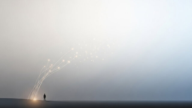 Lone figure standing on a hill with fireworks exploding above in a serene foggy atmosphere during nighttime celebration