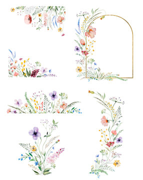 Watercolor hand drawn wildflowers clipart set, botanical isolated illustration for event stationery