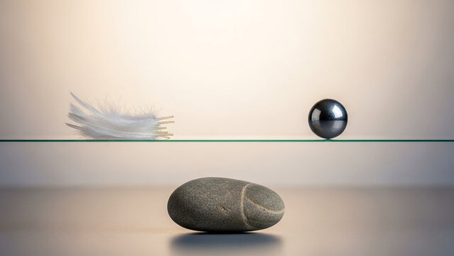 Minimalist composition featuring a delicate feather marble and stone on a glass shelf against a soft beige background
