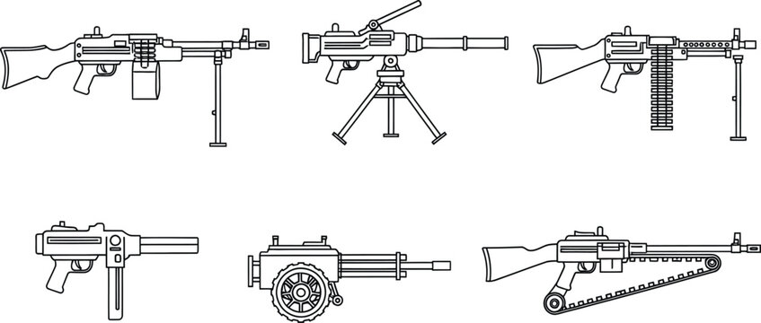 Detailed vector illustration set of various military machine guns presented in a blueprint style for historical defense or technical design projects isolated on white background