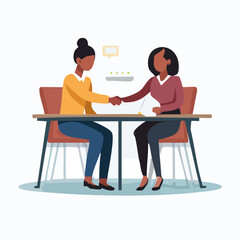 Two professional businesswomen shaking hands after successfully completing a negotiation, symbolizing a new partnership, a positive agreement, or a finalized deal during a corporate meeting