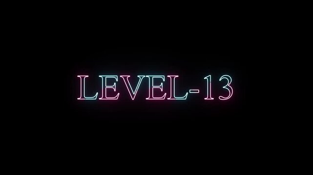 Neon level thirteen glowing text animation in pink and blue colors with pulsating light on black back