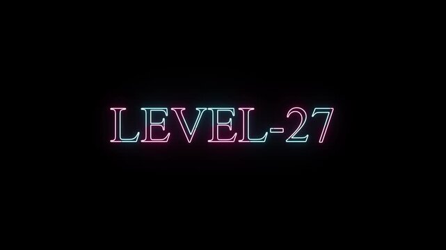 Dynamic neon sign displays 'LEVEL-27' in glowing pink and blue animation on black background
