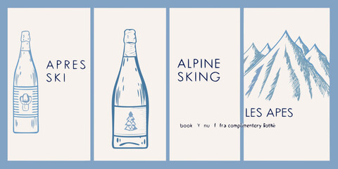 Apres ski themed illustration featuring champagne bottles and mountain graphics © Apurba