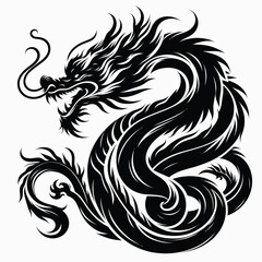 Fototapeta premium A black and white vector illustration of a dragon's head and body with flowing, curved lines and sharp teeth, set against a clean white background, showcasing a mythical creature in a