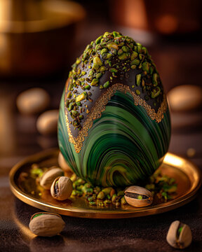 Huevo de Pascua gourmet de chocolate negro y marmolado verde con pralin&eacute; de pistacho  y oro comestible sobre plato dorado y mesa de madera elegante