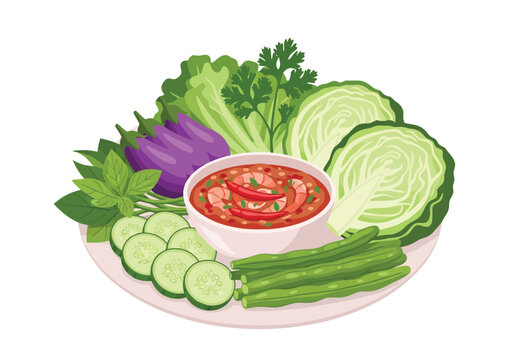 A flavorful Thai chili dip (Nam Prik Kapi) is served with an assortment of fresh and blanched vegetables, creating a vibrant and healthy meal.