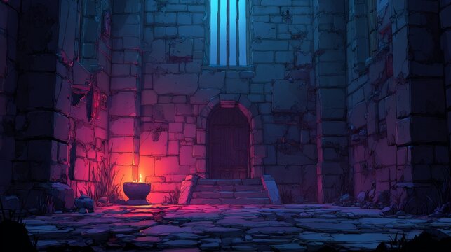 Illustrated Game Environment Still background fantasy dark dungeon with neon light, designed for contributors to use as in-game scenery or behind UI elements.