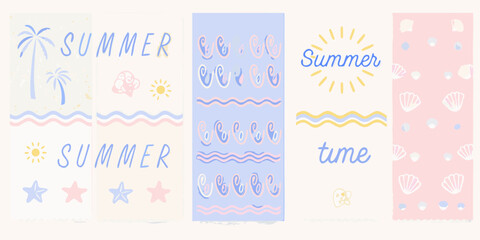 Colorful summer themed illustrations with palm trees shells and suns © Apurba