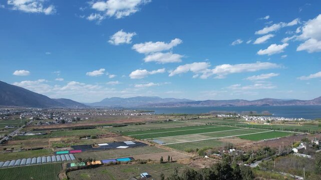 Erhai Lake Dali Aerial View with Farmland and Mountains