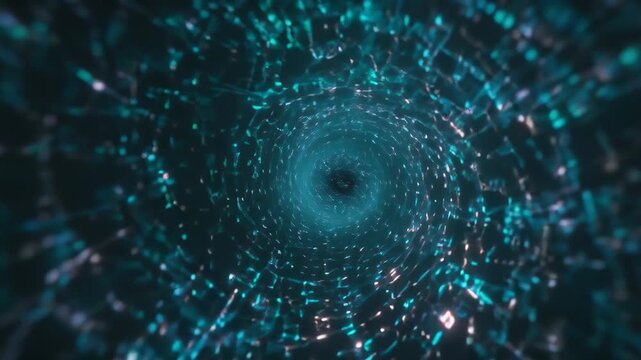 Spiraling quantum singularity made of floating holographic data particles, fragmented UI grids glowing neural filaments collapsing event horizon, camera accelerating inward rapidly, extreme depth
