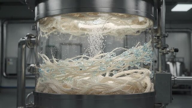 Medium shot of enzymatic fiber refining reactor using cellulase enzymes showcasing enhanced fiber softness and efficient breakdown of cellulose fibers for improved textile quality.