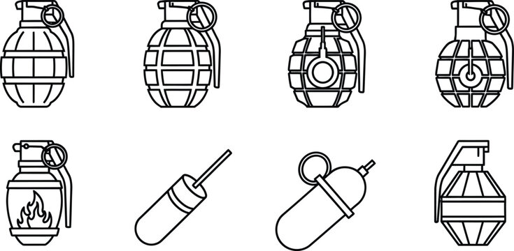 Collection of diverse military grenade and explosive device icons presented as minimalist outline vector illustrations for security war and gaming designs