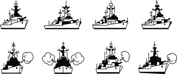 Collection of minimalist warship vector icons depicting battleships in various views and combat scenarios perfect for strategy games and military infographics © Muhammad