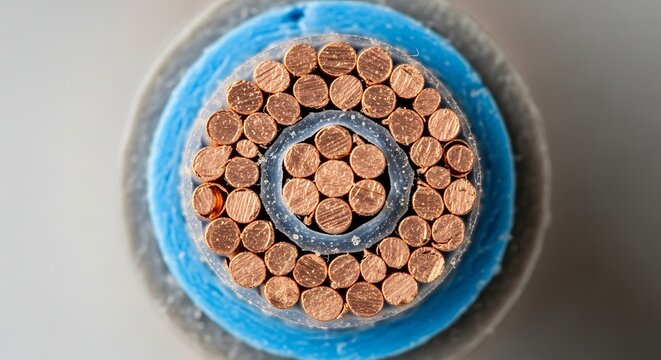 Cross section of a multi-core electrical cable with copper wires.