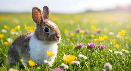 Fototapeta premium A cute brown and white rabbit sitting in a field of colorful flowers on a sunny day