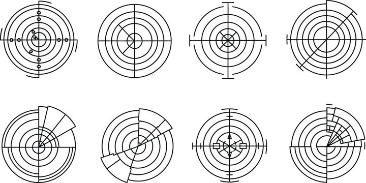 Set of vector wind rose diagrams minimalist line art illustrations for environmental data visualization weather forecasting and statistical analysis