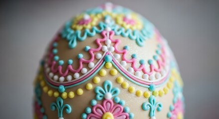Naklejka premium Decorated Easter egg with intricate colorful floral patterns and ornaments.