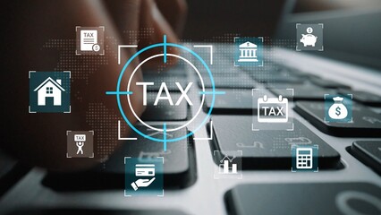 Digital keyboard close-up with tax icons and symbols, depicting financial transactions, accounting...