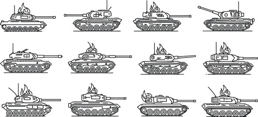 Vector set of military battle tanks presented in detailed line art with some vehicles showing fire or explosion effects suitable for game design and strategic graphics © Muhammad