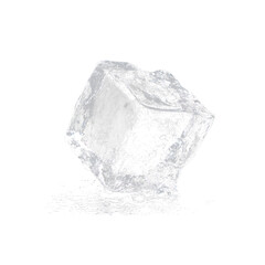 Obraz premium Clear ice cube on a transparent background, with water droplets forming around it during a cool kitchen setting