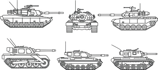 Diverse collection of military tanks presented in a detailed black and white line art style ideal for game development educational materials or defense-related projects © Muhammad