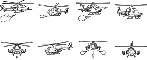 Collection of diverse helicopter line art illustrations featuring military and transport aircraft from multiple angles with action elements perfect for aviation defense and transportation designs © Muhammad