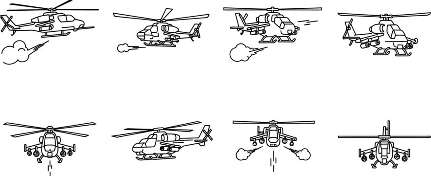 Collection of diverse helicopter line art illustrations featuring military and transport aircraft from multiple angles with action elements perfect for aviation defense and transportation designs