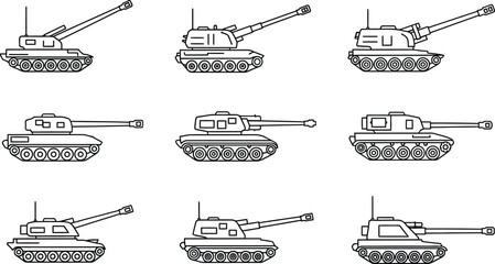Collection of various military tanks presented as minimalist line art vector icons ideal for game development or web design © Muhammad