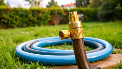 Garden hose connector valve with blue coiled pipe on green lawn outdoor watering system