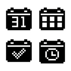 A set of 4 calendar icons in solid pixel art. Variations include a clock, check mark, date 31, and squares © Digitalartstudio