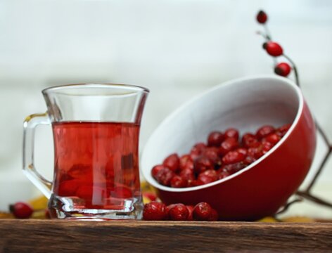 Rosehip tea tea full of vitamins and bowl with dried rosehips. Branches with fresh rosehips on a wood table.