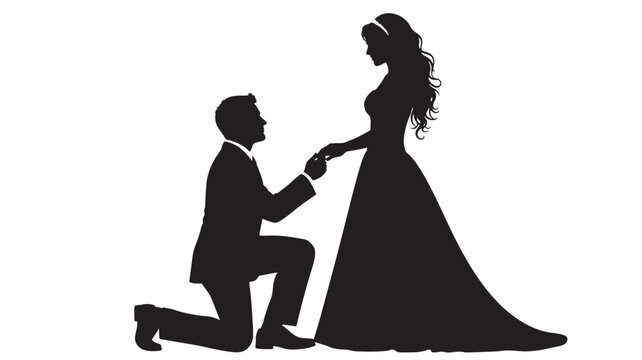 Couple silhouette proposing marriage with man kneeling and woman in gown holding hand, black graphic