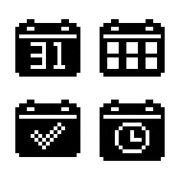 A set of 4 calendar icons in solid pixel art. Variations include a clock, check mark, date 31, and squares