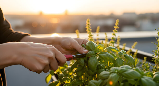 Person hands carefully trimming green basil foliage with red scissors in a city terrace planter