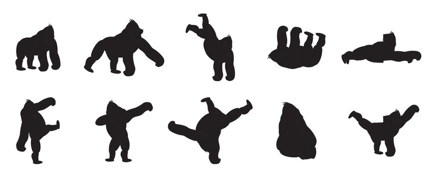Funny Gorilla Characters Set &ndash; Black Silhouette Cartoon Monkeys in Playful Poses. A set of 6 Monkeys silhouette sitting pose and thinking pose
 Vector Illustration.