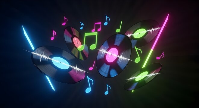 Vibrant vinyl records with neon musical notes